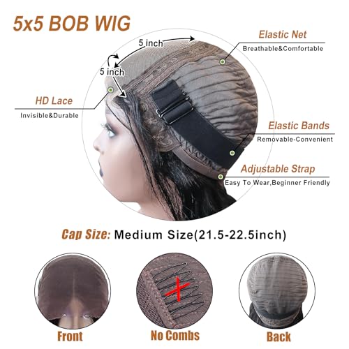 Bob Wig Human Hair 5x5 HD Lace Closure Wigs 180% Density Ready To Wear Glueless Bob Wigs for Beginner Pre Plucked Short Bob Wig Brazilian Unprocessed Virgin Human Hair Wig for Black Women - Image 6