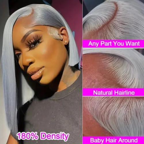 Bob Wig Human Hair Grey 13x4 Lace Front Wigs Human Hair Pre Plucked Hairline Middle Part Brazilian Virgin Human Hair Lace Front Wigs 14 Inch Bleached Knots Lace Front Short Bob Wig 180% Density - Image 5