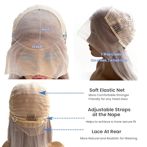 Bob Wig Human Hair Grey 13x4 Lace Front Wigs Human Hair Pre Plucked Hairline Middle Part Brazilian Virgin Human Hair Lace Front Wigs 14 Inch Bleached Knots Lace Front Short Bob Wig 180% Density - Image 4