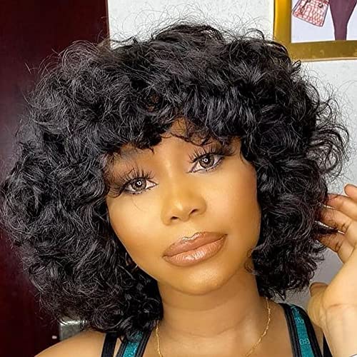 Short 12 Inch Loose Deep Wave Human Hair Bob Wig with Bangs for Women