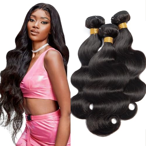 Body Wave Bundles Human Hair Brazilian Virgin 3 Bundles 16 18 20 Inch 100% Unprocessed Brazilian Virgin Human Hair Weave Double Weft Body Wave Hair Extensions Natural Black for Black Woman