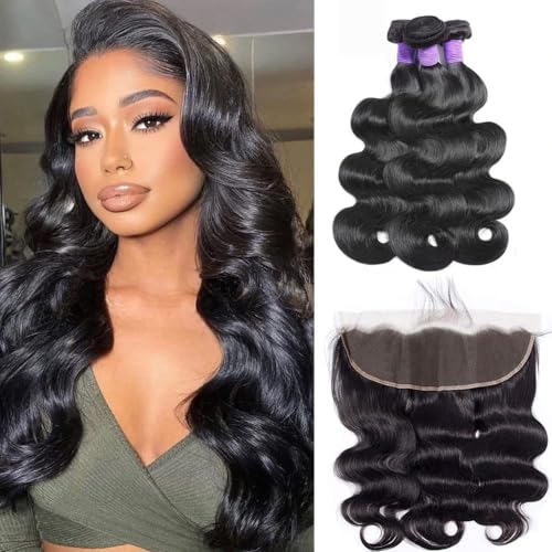 Body Wave Bundles with Frontal Brazilian Virgin Human Hair Bundles with 13x4 Ear to Ear HD Lace Frontal 100% Unprocessed Human Hair Extensions (12 14 16+10 frontal)