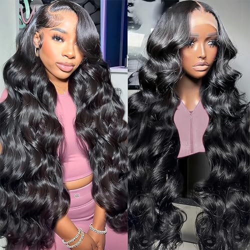 Body Wave HD Lace Front Wigs Human Hair Pre Plucked 28 Inch 180% Density 13x4 Glueless Frontal Wigs Human Hair Lace Front Wig with Baby Hair for Women Natural Black