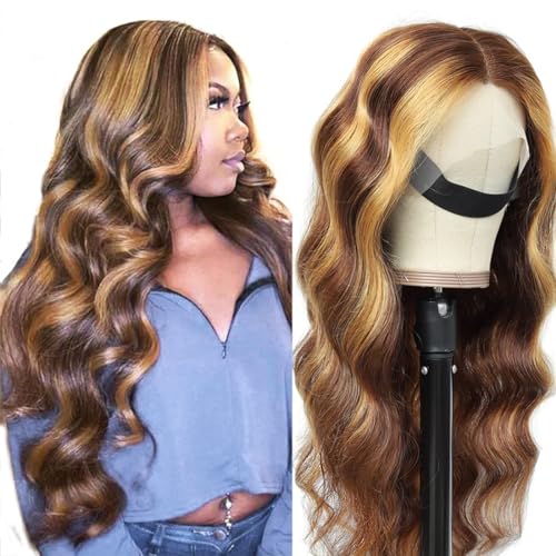 Body Wave Highlight Lace Front Wigs Human Hair Pre Plucked 4/27 Colored 180% Density HD Honey Blond Wigs for Black Women Ombre 13x6x1 Transparent Body Wave Wig (Body4/27, 20 Inch)