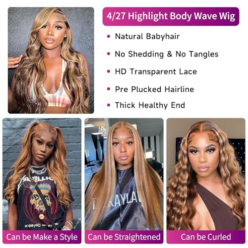 Body Wave Lace Front Wigs Human Hair 13x6 HD Transparent Honey Blonde Lace Front Wig Human Hair 4/27 Colored Glueless Wigs Human Hair Brazilian Virgin Human Hair Wigs 180 Density (22 Inch) - Image 5