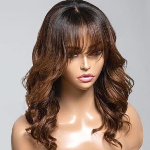 Body Wave Wig with Bangs Human Hair Wig Ombre 1b/30 Color Brazilian Hair 13x4 HD Transparent Lace Front Wig Pre Plucked Bangs Human Hair Wigs for Women 150% Density Bleached Knots 22Inch