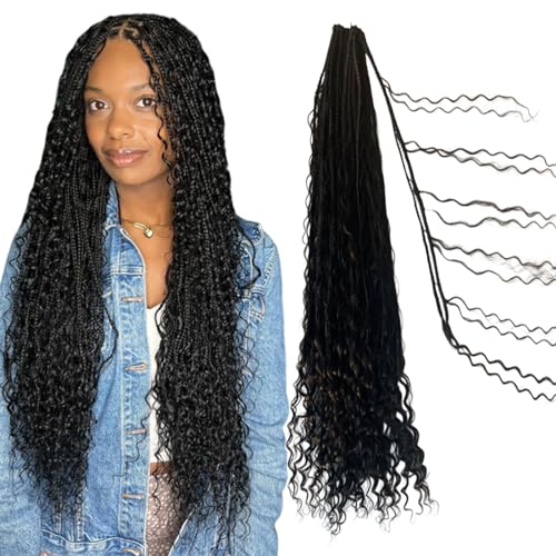 Boho Box Braids Crochet Human Hair Curls Synthetic Braiding Hair Goddess Box Braids Crochet Hair Extensions Pre Looped with Curly Ends for Women 24 Inch 40Strands