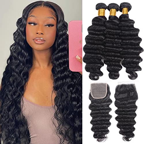 Borchan Loose Deep Wave Bundles and Closure Unprocessed Virgin Human Hair Bundles 12 14 16 +10 Inch Loose Wave Bundles with Closure Brazilian Deep Wave Human Hair 3 Bundles with Closure Natural Color