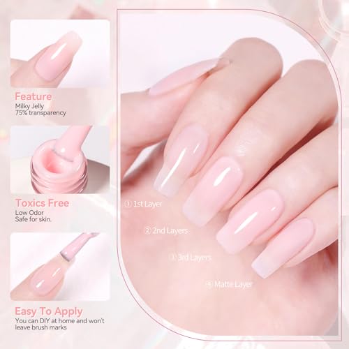 Born Pretty Hema-Free X-Jelly Gel Jelly Pink Gel Nail Polish Sheer Light Pink Translucent Soak Off Gel Polish U V Light Cure for Nail Art DIY 15ML,75% Mily Jelly - Image 6