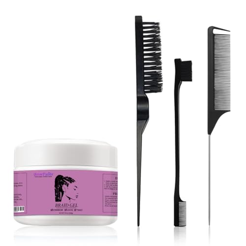 Braid Gel Extreme Hold Flakeless Natural Hair Braiding Gel Frizz Control Smooth Edge Lock and Twist Gel for Box Braids Cornrow Locs Twist with 3 Pcs Brushes for Women Men