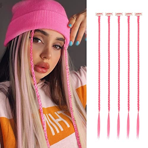 Braid Hair Extensions, 5 PCS Baby Braids Front Side Bang Curtain Bang Clip in Hair Extensions Long Braided Hair Piece Natural Soft Synthetic Hair for Women Daily Wear (22 Inch-Braided, Ash-Pink)