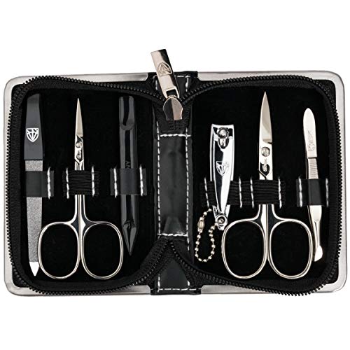 brand quality 6 piece manicure pedicure grooming kit set for professional finger & toe nail care scissors clipper fashion leather case in gift box, Made in Solingen Germany (21705)