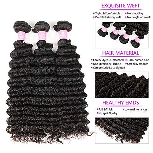 Brazilian 9A Deep Wave 3 Bundles with Closure Virgin Human Hair Bundles with 4x4 Middle Part Closure Unprocessed Virgin Human Hair Natural for Black Women(20 22 24+18) - Image 3