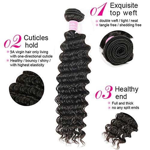 Brazilian 9A Deep Wave 3 Bundles with Closure Virgin Human Hair Bundles with 4x4 Middle Part Closure Unprocessed Virgin Human Hair Natural for Black Women(20 22 24+18) - Image 2