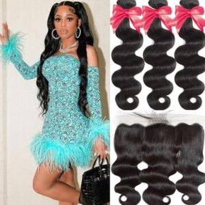 Brazilian Body Wave Bundles Human Hair with Frontal Closure (18 20 22+16F) 13×4 Ear to Ear Lace frontal with bundles 100% Brazilian Virgin Human Hair Extensions Natural Color