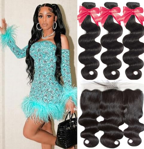 Brazilian Body Wave Bundles Human Hair with Frontal Closure (18 20 22+16F) 13×4 Ear to Ear Lace frontal with bundles 100% Brazilian Virgin Human Hair Extensions Natural Color