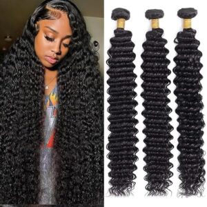Brazilian Deep Wave Human Hair 3 Bundles 10 12 14Inch Deep Curly Weave Bundles 100% Unprocessed Virgin Human Hair Wet and Wavy Deep Wave Hair Bundles Weft Extensions Natural Black