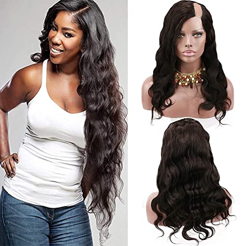 Brazilian Human Hair Natural Black Color Body Wave U Part Lace Front Wig with Baby Hair for Women 130% Density 22inch