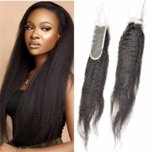 Brazilian Kinky Straight 2x6 Lace Closure 100% Unprocessed Human Virgin Hair Coarse Italy Yaki Pre-Plucked Hairline Frontal Closure Natural Black With Baby Hair (14inch, 2x6 ks yaki closure)