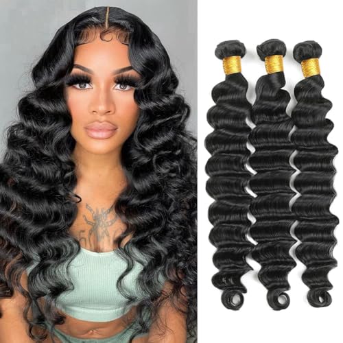 Brazilian Loose Deep Wave Human Hair 3 Bundles 24 26 28 Inch Loose Deep Curly Human Hair Bundles 100% Unprocessed Brazilian Virgin Loose Wave Human Hair Extensions Double Weft Natural Color
