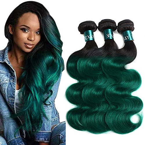 Brazilian Remy Hair 1b/Green Body Wave Human Hair Bundles Green Remy Hair Extension, 2 Tone Ombre Hair 3 Bundles Green Hair for Women (16 18 201B/green)