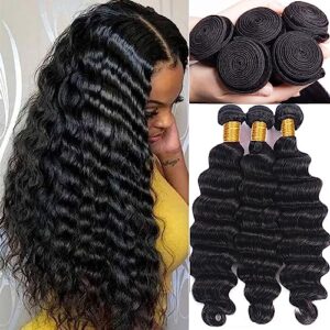 Brazilian Virgin Hair Loose Deep Wave Bundles 12A 100% Unprocessed Human Hair Loose Deep Wave Bundles 150% Density （10 12 14 inches）Double Weft Human Hair Wavy 3 Bundles Natural Black Color