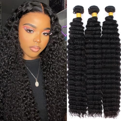 Brazilian Virgin Human Hair Pineapple Deep Wave 3 Bundles 10A 100% Unprocessed Remy Human Hair Bundles Deep Curly Weave Bundles Natural Black Color (18 20 22)