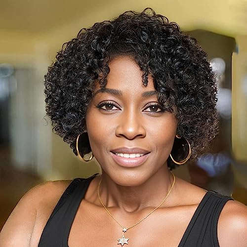 Brazilian Wigs 10 inch Short Kinky Curly Wear and Go Glueless Human Hair Wigs For Black Women Short Curly Wigs 100% Human Hair No Lace Front Natural Color Hairdo For Older Women