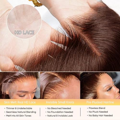 Brown Boby Wave Lace Front Wig Human Hair 13X4 Transparent HD Lace Frount Wigs For Women Chocolate Auburn Colored Wig 150% Density Brazilian Virgin Human Hair Pre Plucked with Baby Hair 18 Inch - Image 5