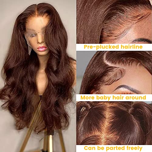 Brown Boby Wave Lace Front Wig Human Hair 13X4 Transparent HD Lace Frount Wigs For Women Chocolate Auburn Colored Wig 150% Density Brazilian Virgin Human Hair Pre Plucked with Baby Hair 18 Inch - Image 3