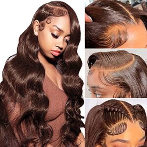 Brown Boby Wave Lace Front Wig Human Hair 13X4 Transparent HD Lace Frount Wigs For Women Chocolate Auburn Colored Wig 150% Density Brazilian Virgin Human Hair Pre Plucked with Baby Hair 18 Inch