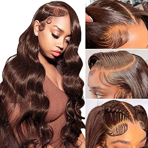 Brown Boby Wave Lace Front Wig Human Hair 13X4 Transparent HD Lace Frount Wigs For Women Chocolate Auburn Colored Wig 150% Density Brazilian Virgin Human Hair Pre Plucked with Baby Hair 18 Inch