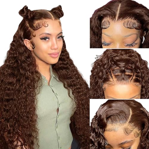 Brown Curly Lace Front Wigs Human Hair 26inch Brown Deep Wave Lace Front Wig Human Hair 180% Density Chocolate Colored Pre Plucked 13X4 HD Glueless Lace Brown Water Wave Lace Wig Human Hair for Women