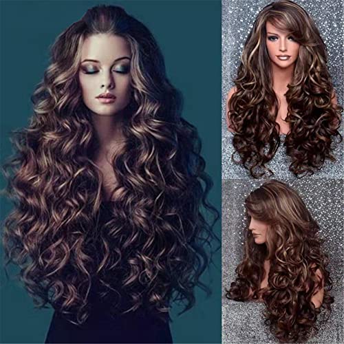 Brown Curly Wig Long Wigs for Women, Brazilian Body Wave Wigs Natural Look Wave Curly Hair Wig Pre Plucked Soft Comfortable Wigs - 25 In…