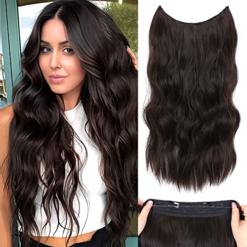 Dark Brown Wavy Invisible Wire Hair Extensions 20 Inch with Adjustable Headband and Clips