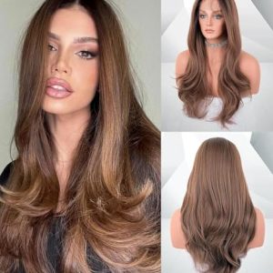 22 Inch Brown Ombre Wavy Synthetic Lace Front Wig for Afros, Middle Part