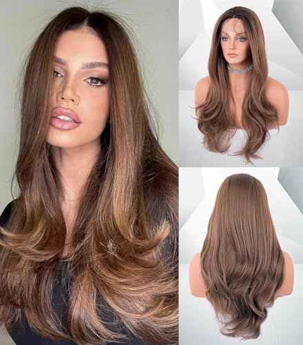 22 Inch Brown Ombre Wavy Synthetic Lace Front Wig for Afros, Middle Part