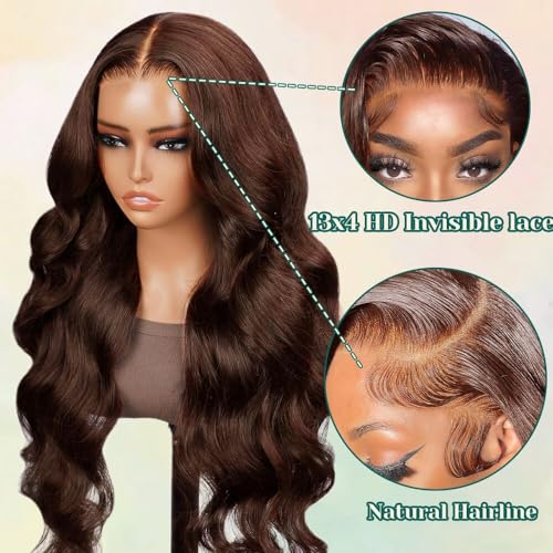 Brown Wear and Go Glueless Wigs Human Hair Pre Cut 24 Inch 13x4 HD Lace Front Wig Chocolate Brown Body Wave Wig Pre Plucked with Baby Hair #4 Dark Brown Lace Closure Wigs 150 Density for Women - Image 4