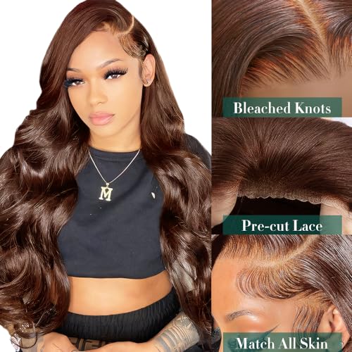 Brown Wear and Go Glueless Wigs Human Hair Pre Cut 24 Inch 13x4 HD Lace Front Wig Chocolate Brown Body Wave Wig Pre Plucked with Baby Hair #4 Dark Brown Lace Closure Wigs 150 Density for Women - Image 2