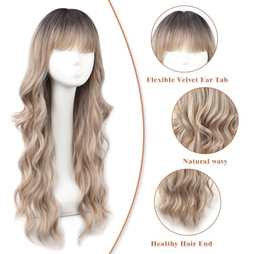 Brown Wig with Bangs Long Wavy Wig with Dark Roots for Women Curly Wavy Wig Synthetic Fiber Natural Looking Hair Replacement Wig for Daily Cosplay Party Use 26 Inches - Image 6