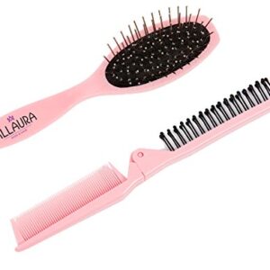 Brush Anti Static Detangling Girls Doll Wig Hair Brushes & Folding Travel Comb Grooming Set | Works on all Hair & Beard Types | Pink