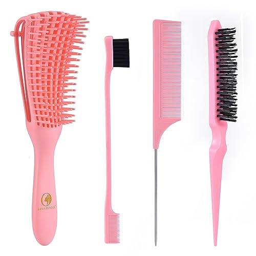 BRUSHZOO Detangling Brush with Hair Styling Comb Set, Hair Brushes for Women Men Kids Curly Hair, Hairbrush Set includ Detangler Brush Teasing Hair Brush Rat Tail Comb Edge Brush (Pink)