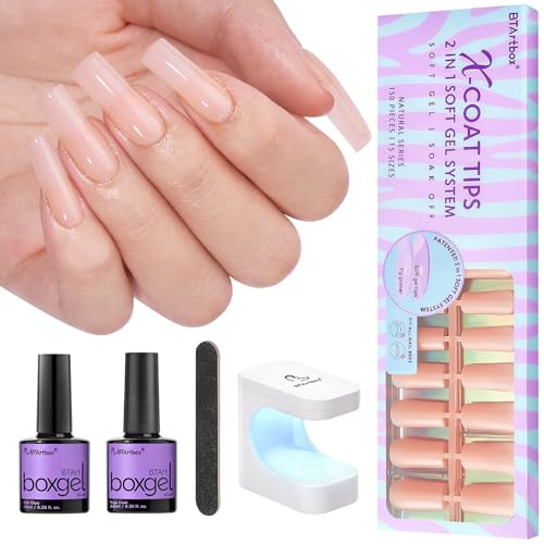 BTArtbox 150 Piece Nude Soft Gel Nail Kit with Glue Gel and Top Coat