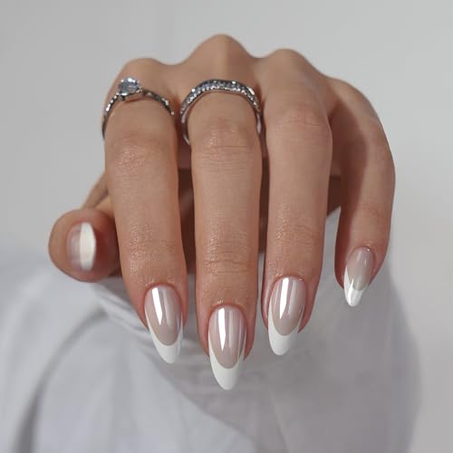 BTArtbox Press on Nails Medium - White French Tip Press On Nails Almond, Glue On Nails for Gifts, Reusable Stick On Nails in 15 Sizes - 30 Fake Nails Kit, White Swan
