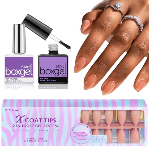 BTArtbox Short Almond Gel Nail Tips with Gel Nail Glue and Tip Primer Set - 640pcs Soft Gel Press On Nails 2 in 1 X-coat Tips, Pre-colored Fake Nails Full Cover Nail Tips for Nail Extensions DIY