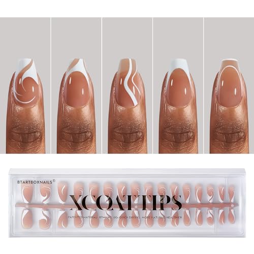 BTArtbox XCOATTIPS 5 Style Pre-Designed Swirl Short Coffin Gel Fake Nails Ultra Fit French Tips 24ct