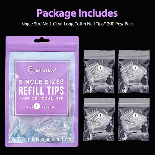 BTArtboxnails Acrylic Nail Tips, No.1 Clear Long Coffin Nail Tips Ballerina Fake Nails Full Cover Artificial Nails Refill Pack for Salon and Home DIY Nail Art 200Pcs - Image 7