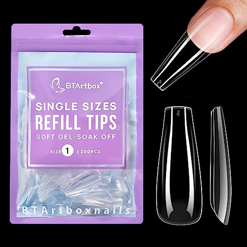 BTArtboxnails Acrylic Nail Tips, No.1 Clear Long Coffin Nail Tips Ballerina Fake Nails Full Cover Artificial Nails Refill Pack for Salon and Home DIY Nail Art 200Pcs