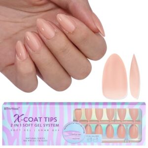 btartboxnails Short Almond Gel Nail Tips - Pre Colored Soft Gel Nail Tips, Nude Peach Press on Nails, Natural XCOATTIPS Pre Applied Tip Primer, Gel Nails Press on