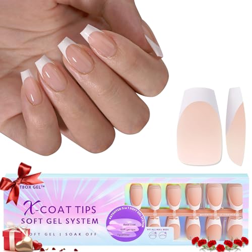 BTArtboxnails Soft Gel Nail Tips - 3 in 1 X-coat Tips French Tip Press On Nails(Top Coat Needed), Short White Press on Nails, Nude Acrylic Nail Tips Fake Nails In 15 Sizes - 150 Nail Extension Set